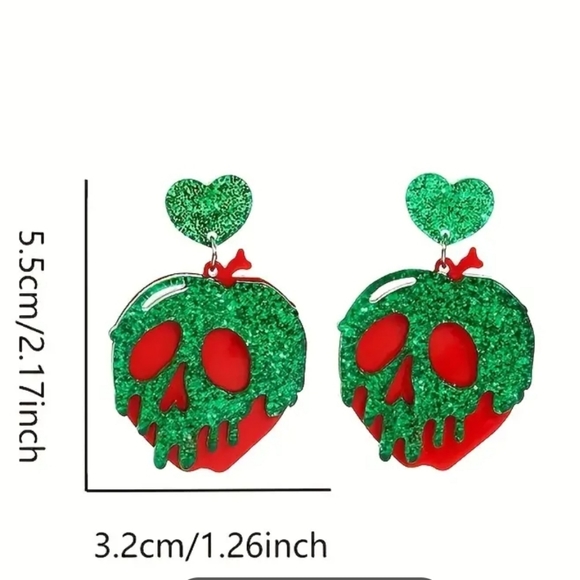 Green Skull Red Heart Earrings - Picture 2 of 2